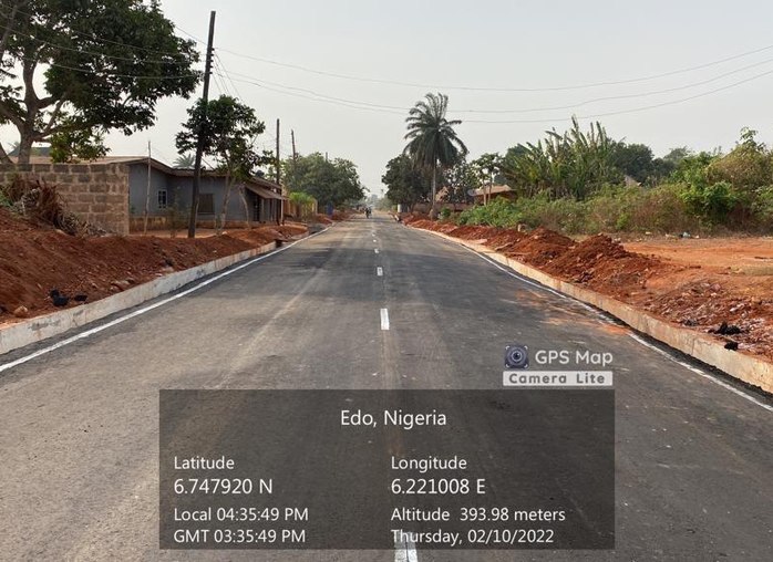Completed, kerbed section of the rehabilitated Irrua township road, Edo Central