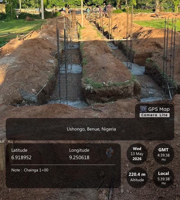 Reinforced concrete foundation footings under construction, multipurpose hall project, Usar Science and Technical College, Benue State